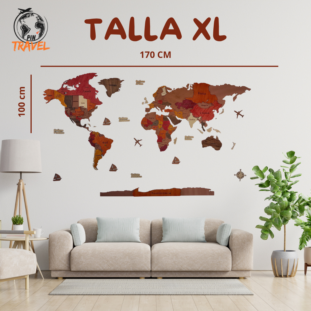 MAPA DEL MUNDO DE MADERA 3D ROJIZO