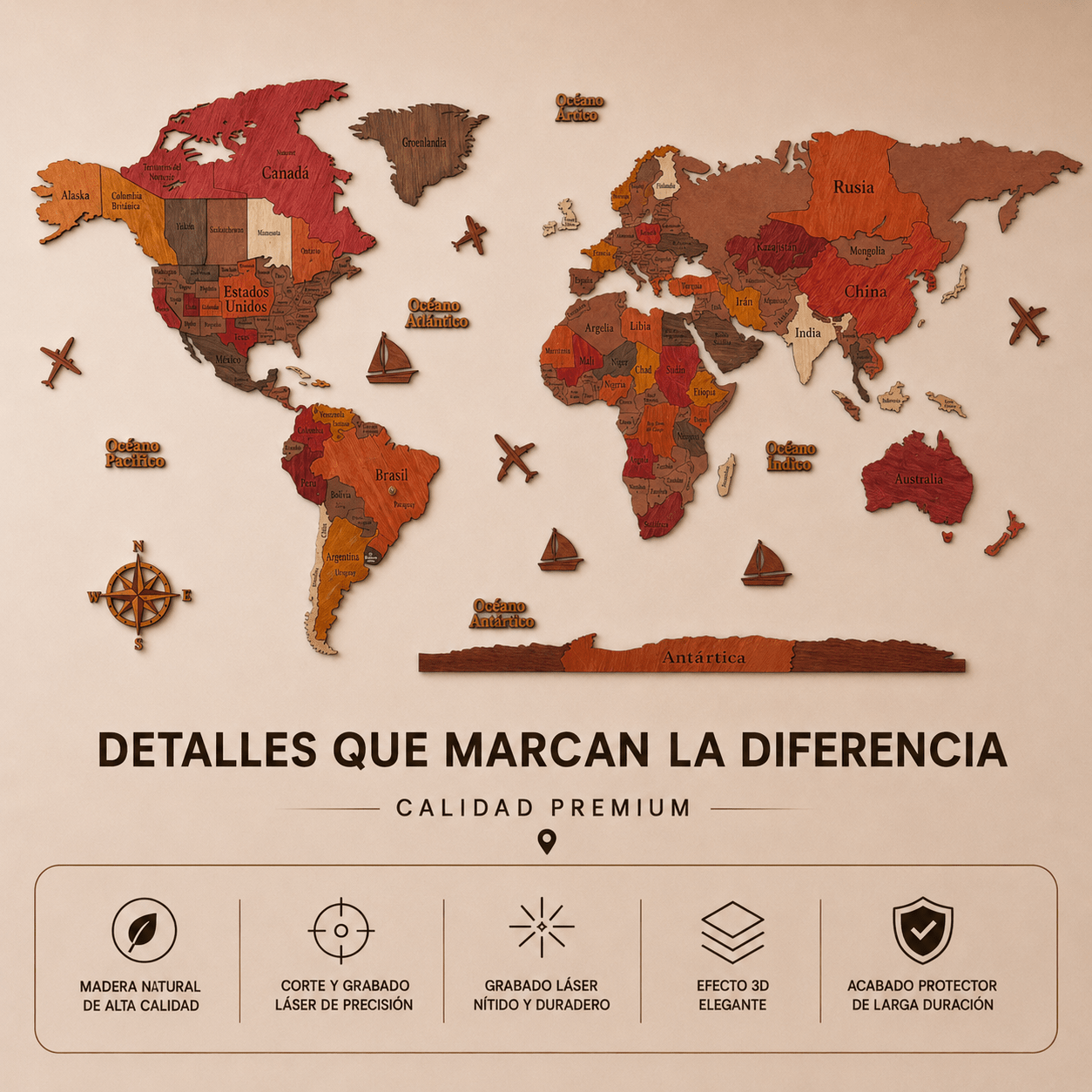 Mapa de Viajes PinTravel — Madera Rojiza 3D - Pin Travel