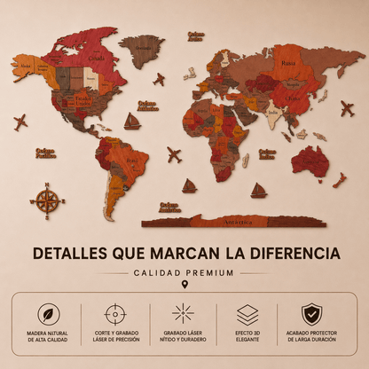 Mapa de Viajes PinTravel — Madera Rojiza 3D - Pin Travel