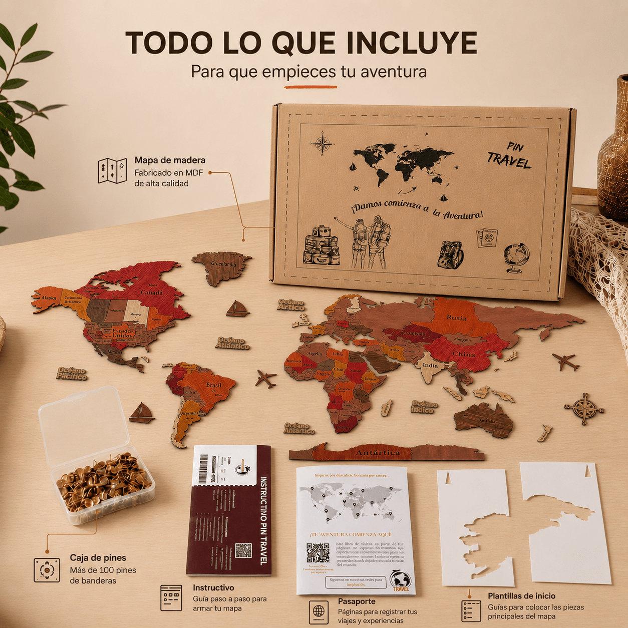 Mapa de Viajes PinTravel — Madera Rojiza 3D - Pin Travel