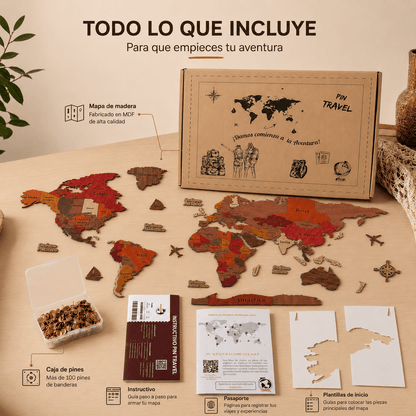 Mapa de Viajes PinTravel — Madera Rojiza 3D - Pin Travel