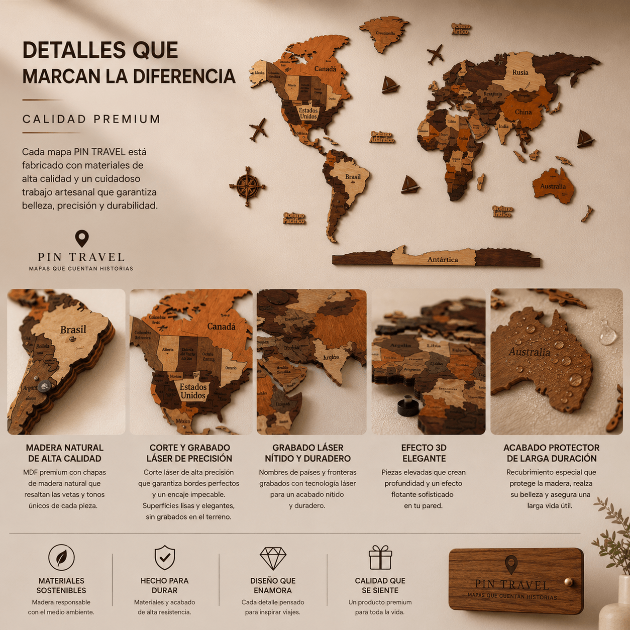 Mapa de Viajes PinTravel — Madera 3D - Pin Travel