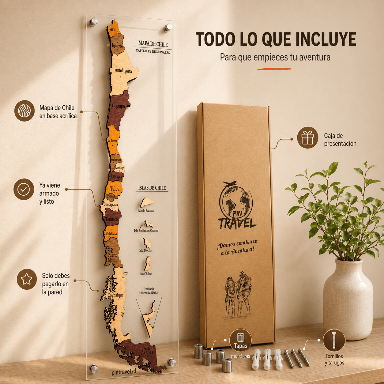 Mapa de Chile 3D — Base Acrílica - Pin Travel