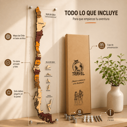 Mapa de Chile 3D — Base Acrílica - Pin Travel