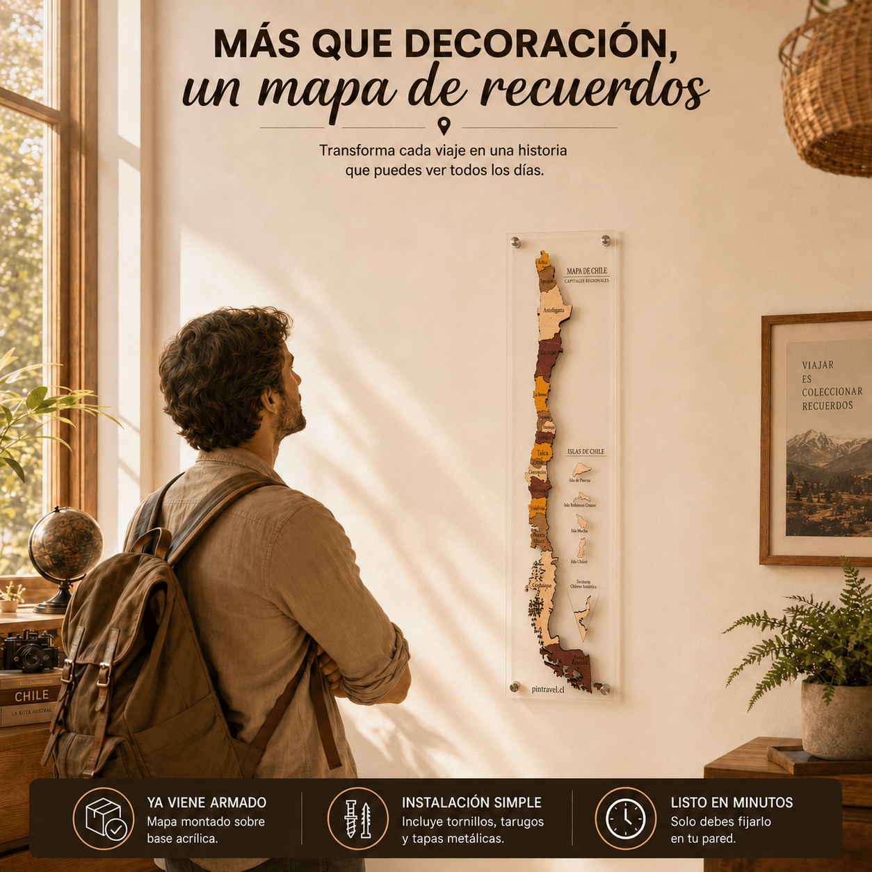Mapa de Chile 3D — Base Acrílica - Pin Travel