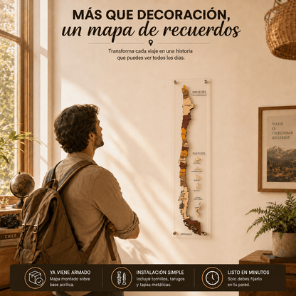 Mapa de Chile 3D — Base Acrílica - Pin Travel