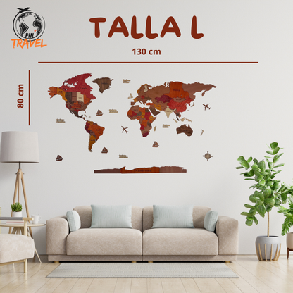 MAPA DEL MUNDO DE MADERA 3D ROJIZO