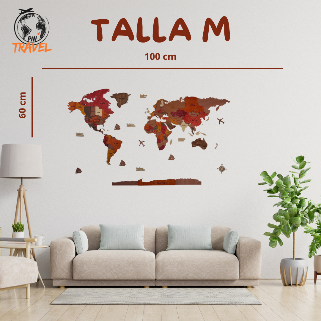 MAPA DEL MUNDO DE MADERA 3D ROJIZO