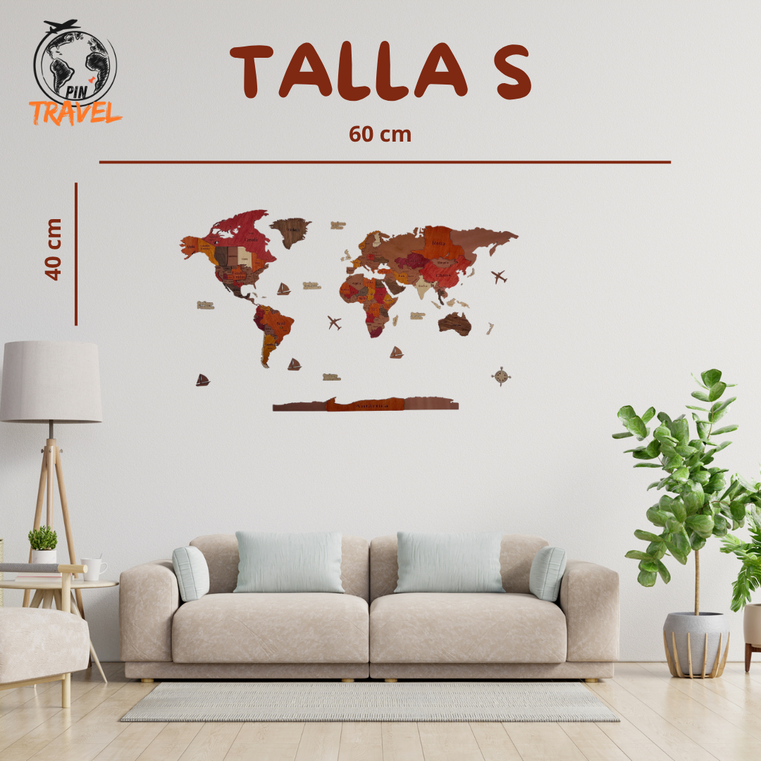 MAPA DEL MUNDO DE MADERA 3D ROJIZO