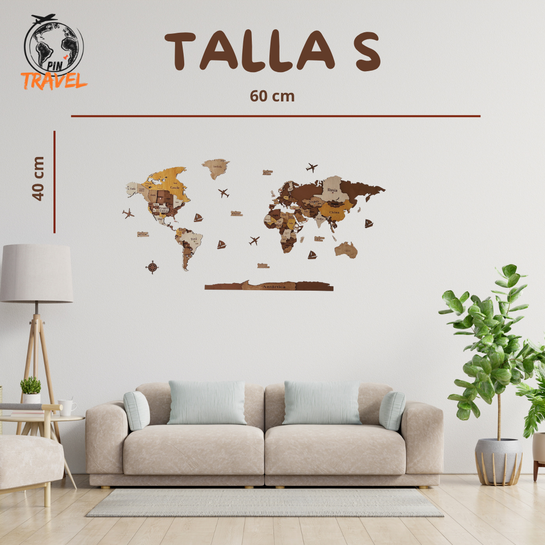 MAPA DEL MUNDO DE MADERA 3D MARRÓN