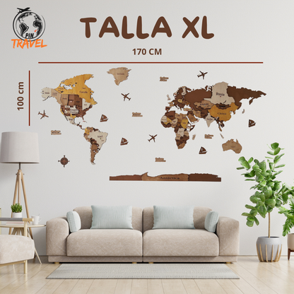 MAPA DEL MUNDO DE MADERA 3D MARRÓN