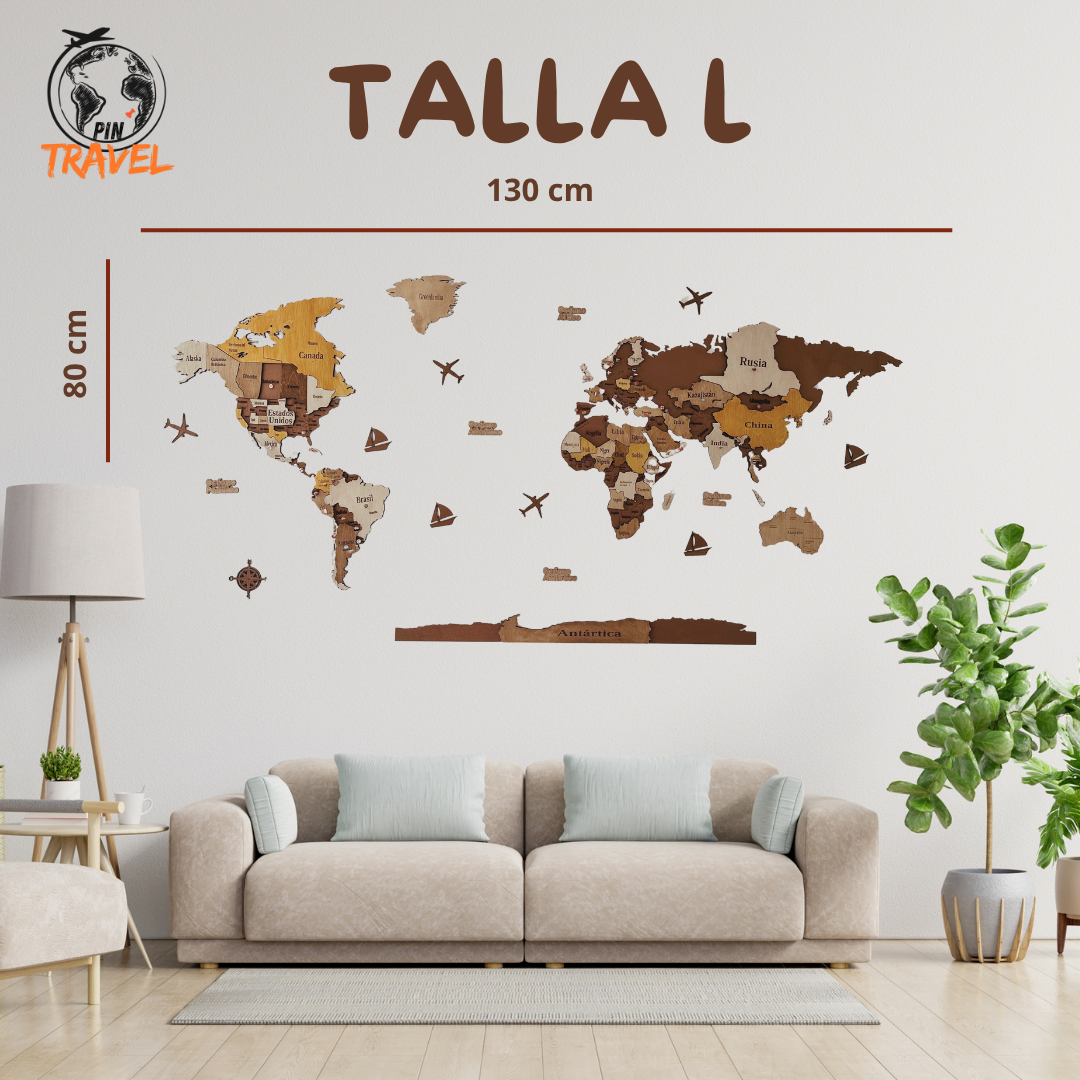 MAPA DEL MUNDO DE MADERA 3D MARRÓN