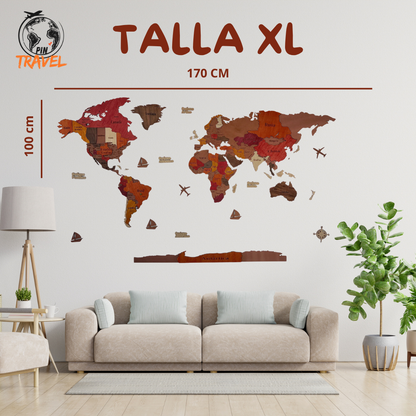MAPA DEL MUNDO DE MADERA 3D ROJIZO