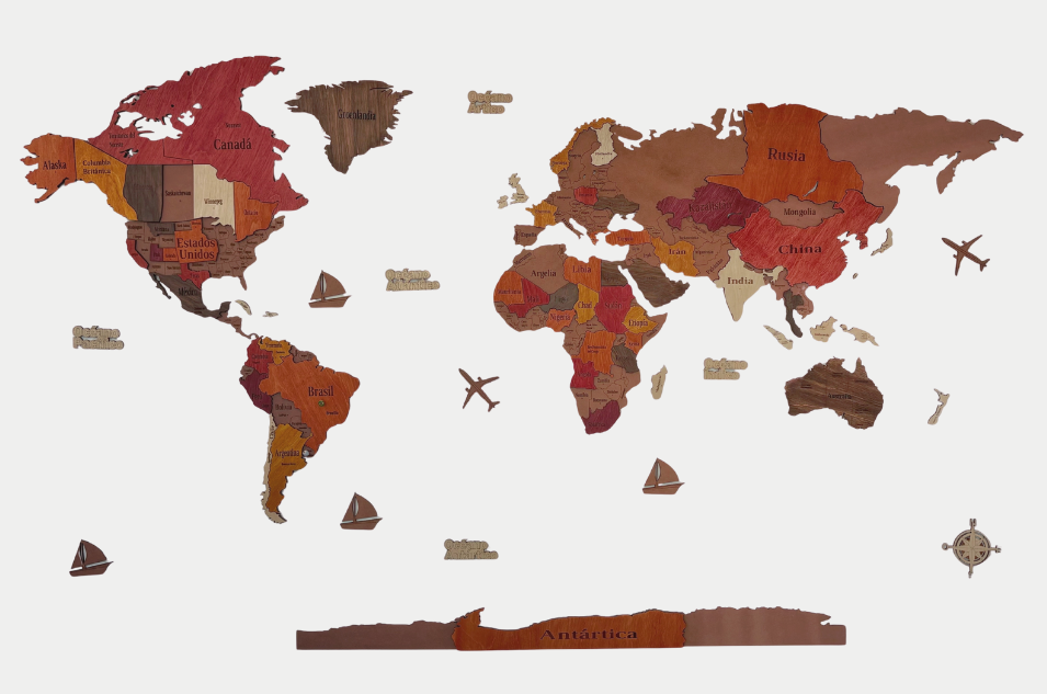 MAPA DEL MUNDO DE MADERA 3D ROJIZO