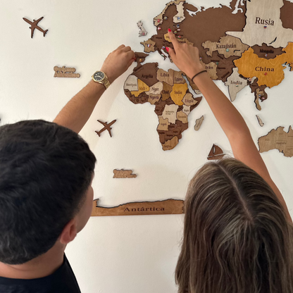 MAPA DEL MUNDO DE MADERA 3D MARRÓN