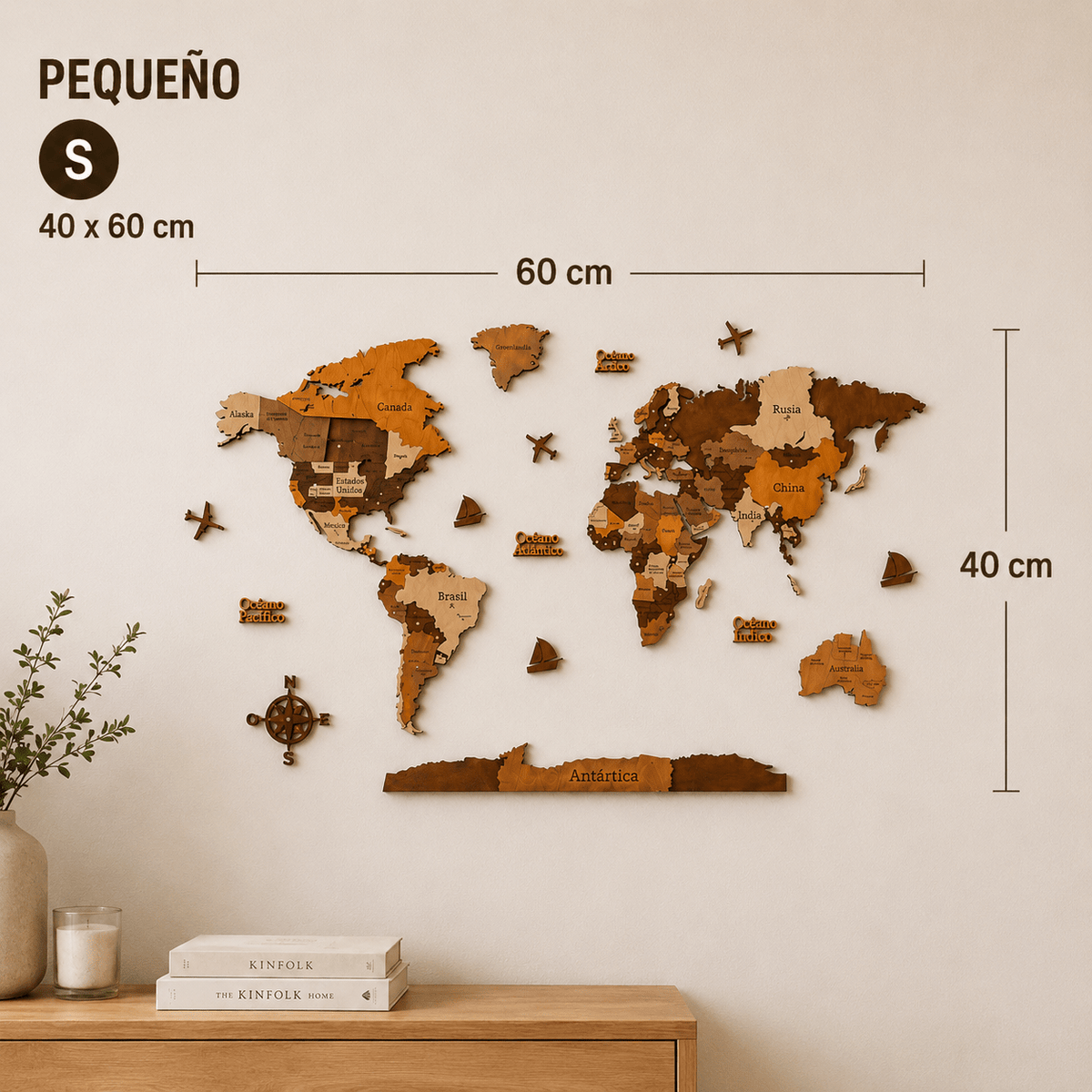Mapamundi 3D café talla S 60x40 cm en living