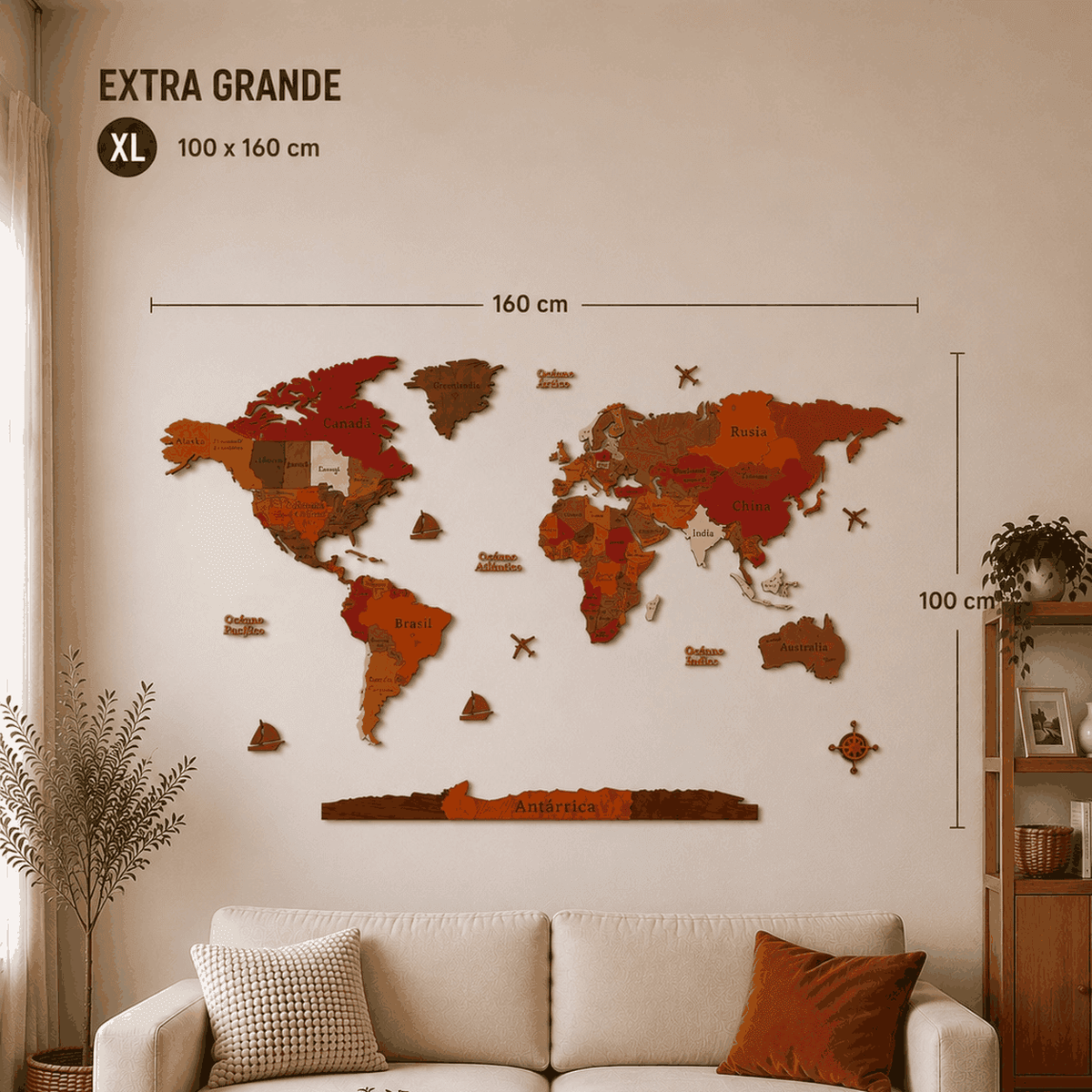Mapamundi 3D rojizo talla XL 170x100 cm en living