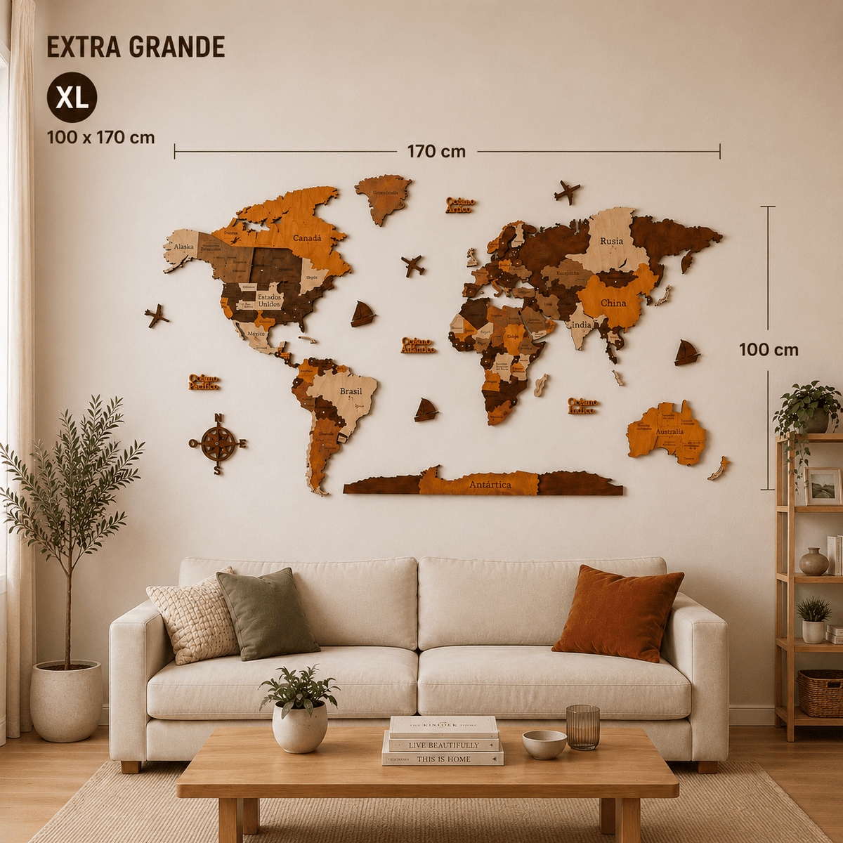 Mapamundi 3D café talla XL 170x100 cm en living