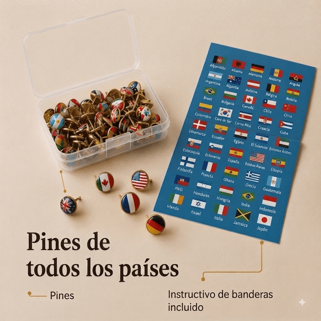 Caja con 100 pines de banderas incluidos