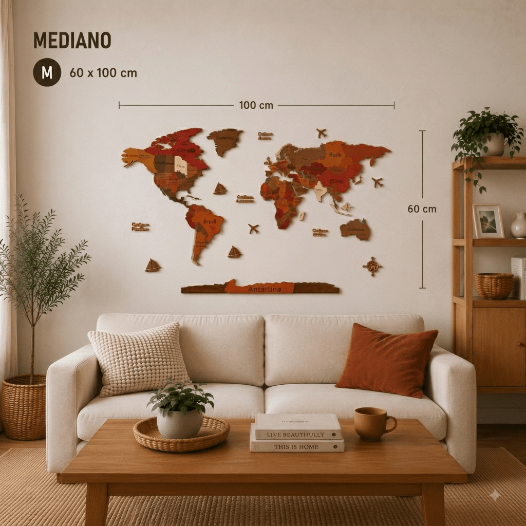 Mapamundi 3D rojizo talla M 100x60 cm en living