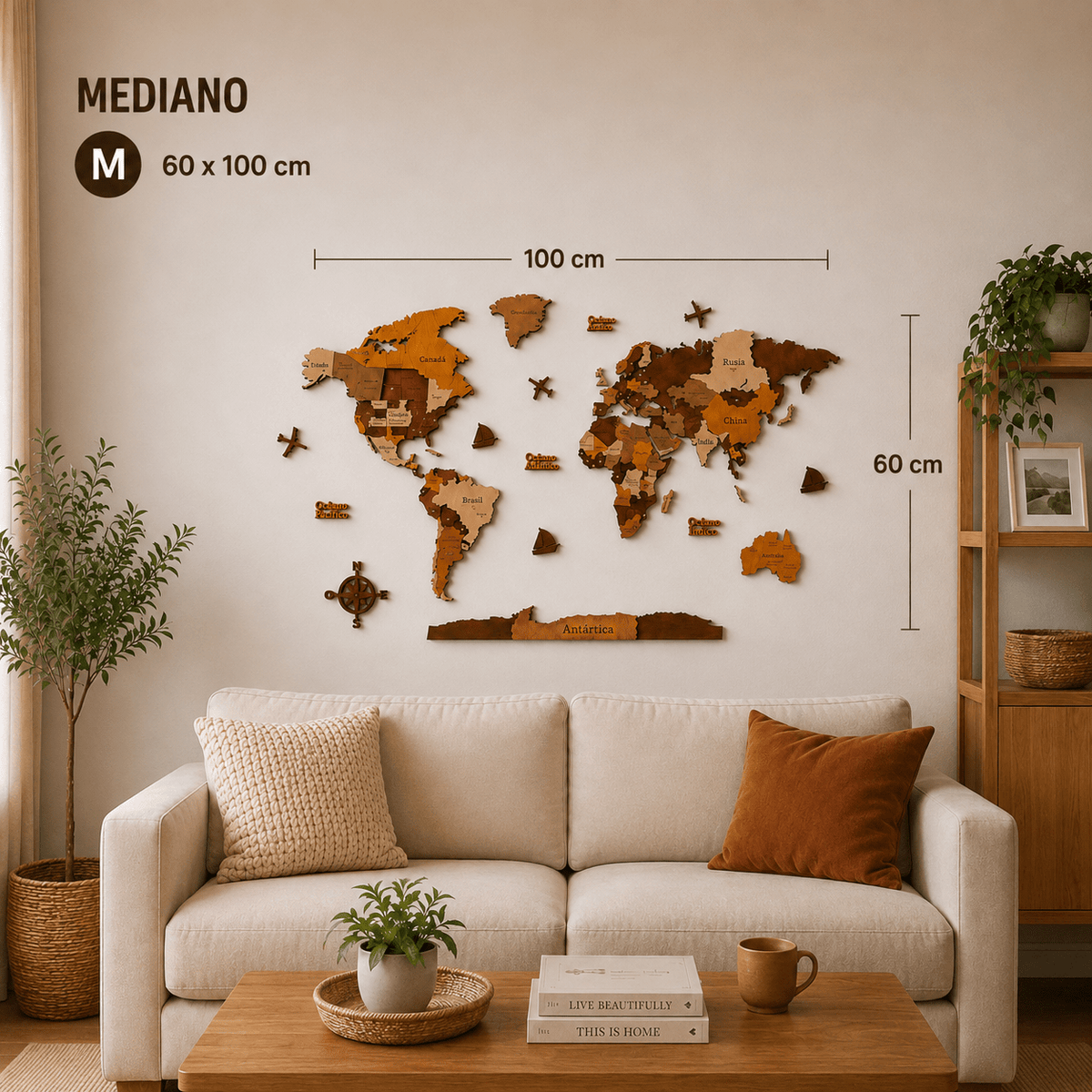 Mapamundi 3D café talla M 100x60 cm en living