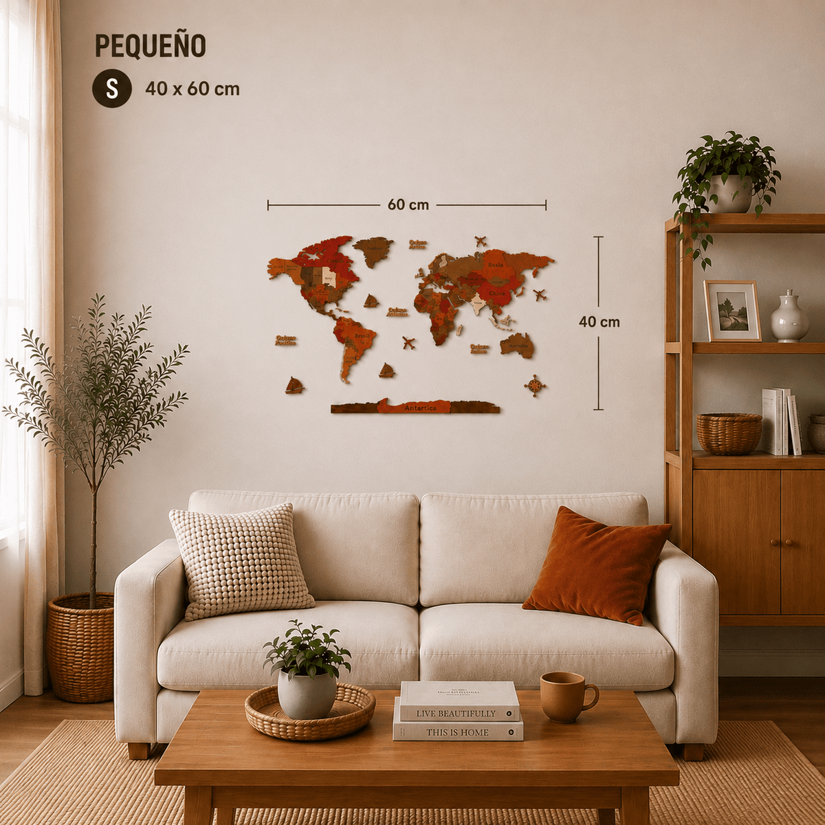 Mapamundi 3D rojizo talla S 60x40 cm en living