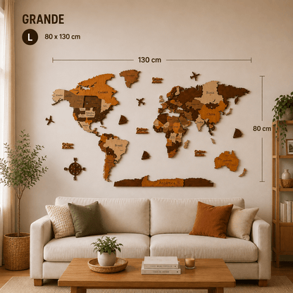 Mapamundi 3D café talla L 130x80 cm en living