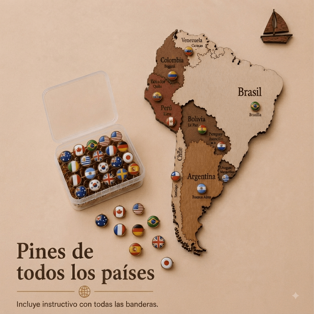 Detalle de pines de banderas en mapamundi café